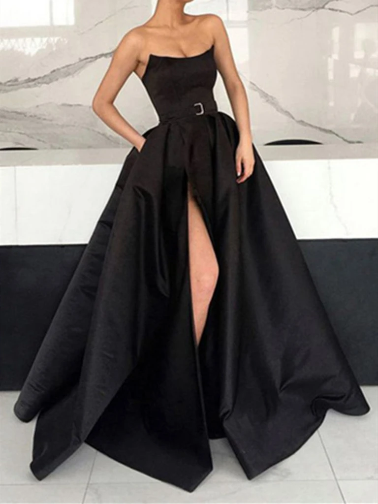 Strapless Black Long Satin Prom Dresses ...